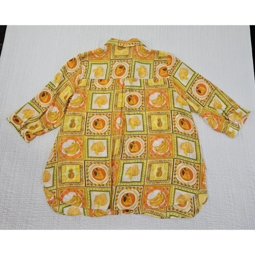 Rose + Olive Top Women's 1X Tropical Fruit Motif Yellow 3/4 Sleeve NWT Old Money